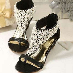 Brand New Black Sandals with Beautiful Pearls
